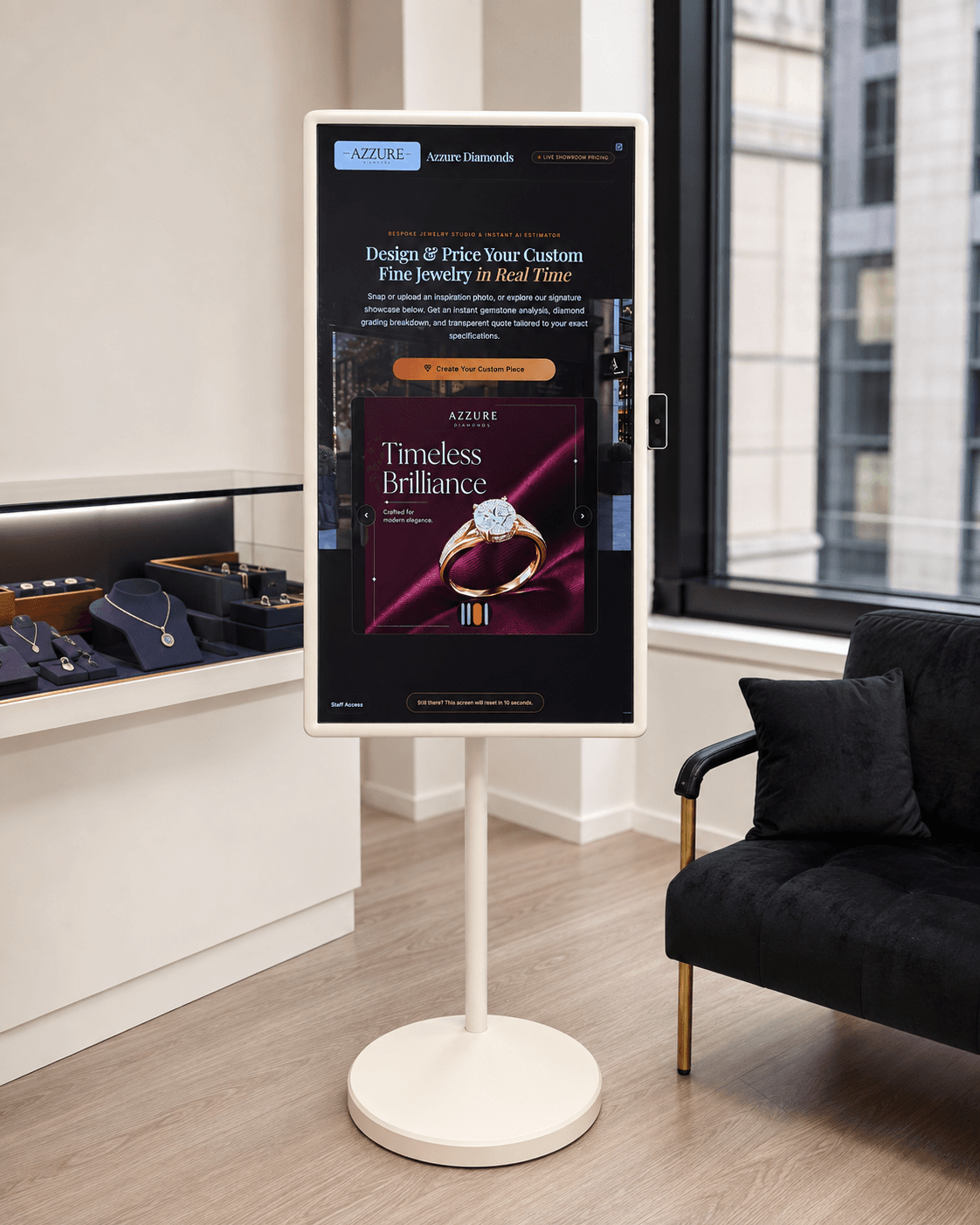 AUZZY AI jewelry showroom workstation inside a luxury jewelry retail store