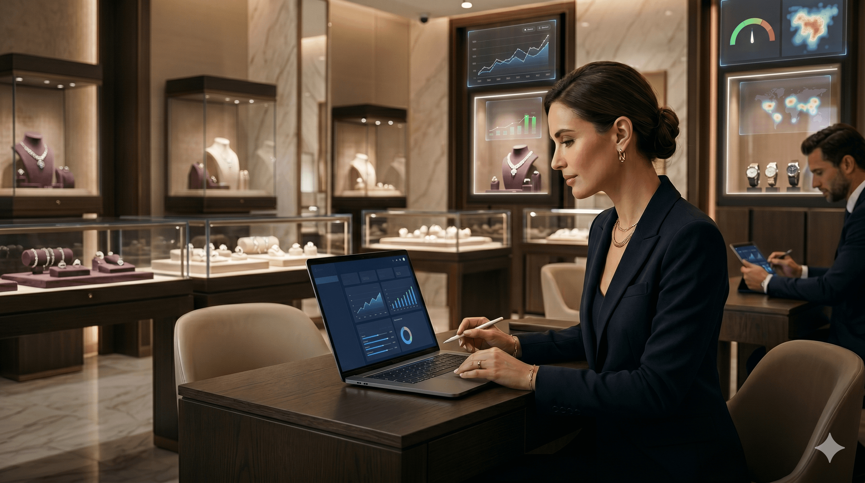 Jewelry showroom team reviewing digital sales analytics