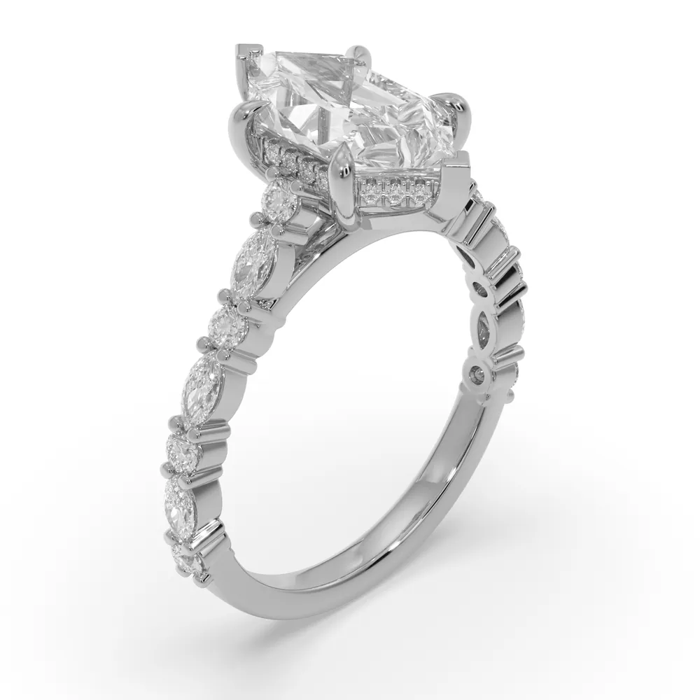 Engagement ring render in white gold, three-quarter view
